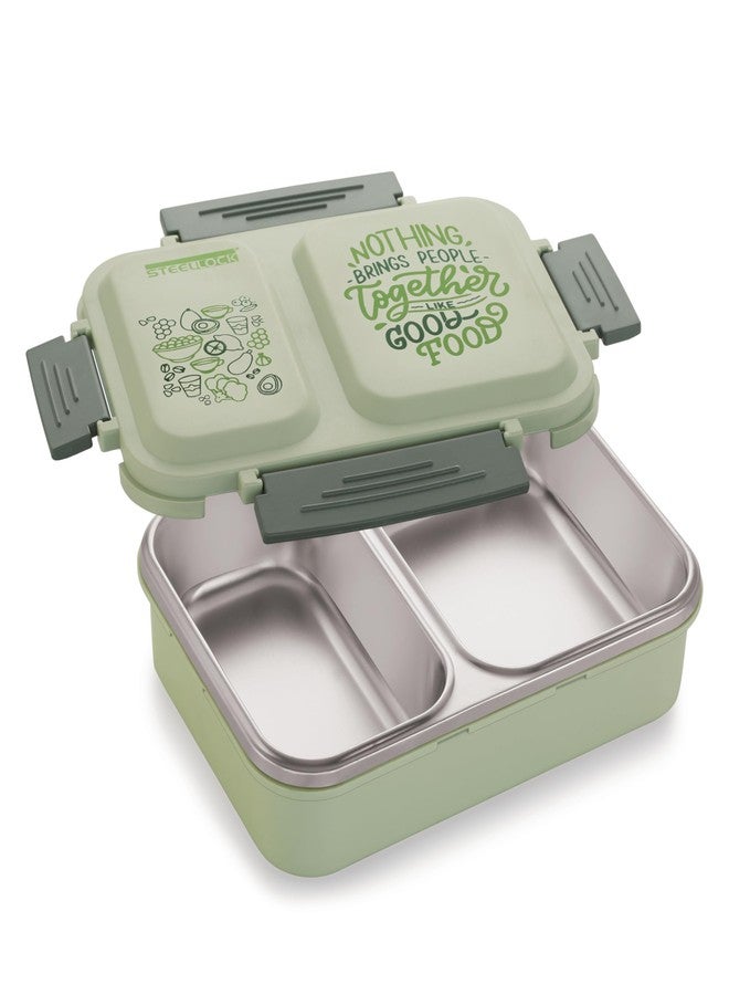 STEELLOCK SmartMeal 2 Partition Stainless Steel Insulated Tiffin for Kids & Adults with Spoon | Leak-Proof Lunch Box with Silicone Gasket Lid | Bento Box for School, Boys, Girls & Office 650 ML - Green. - Image 2